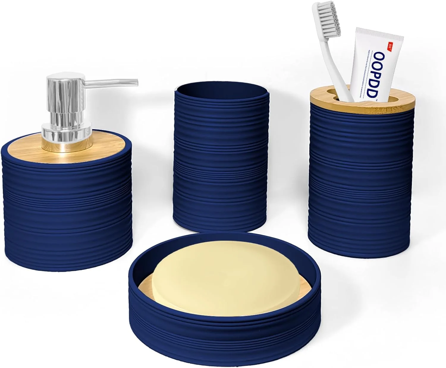 ست لوازم جانبی حمام سیاتو، 4 تکه، شامل جا صابونی، جا مایع دستشویی، جا مسواکی، لیوان مسواک، لوازم جانبی ست حمام، دکور حمام بوهو (آبی)