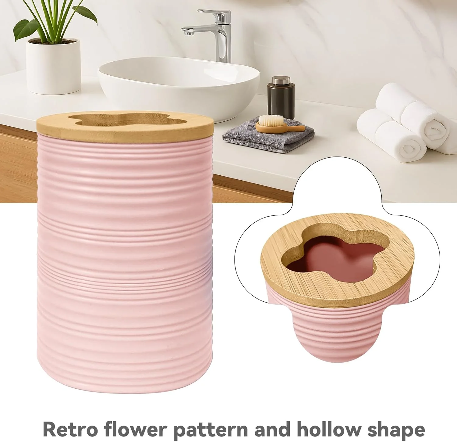 ست لوازم جانبی حمام 4 تکه Seeatoo، ست لوازم جانبی حمام بامبو شامل جا صابونی، جا مایع صابون، جا مسواکی، لیوان مسواک، لوازم جانبی ست حمام، دکور حمام بوهو (صورتی روشن)