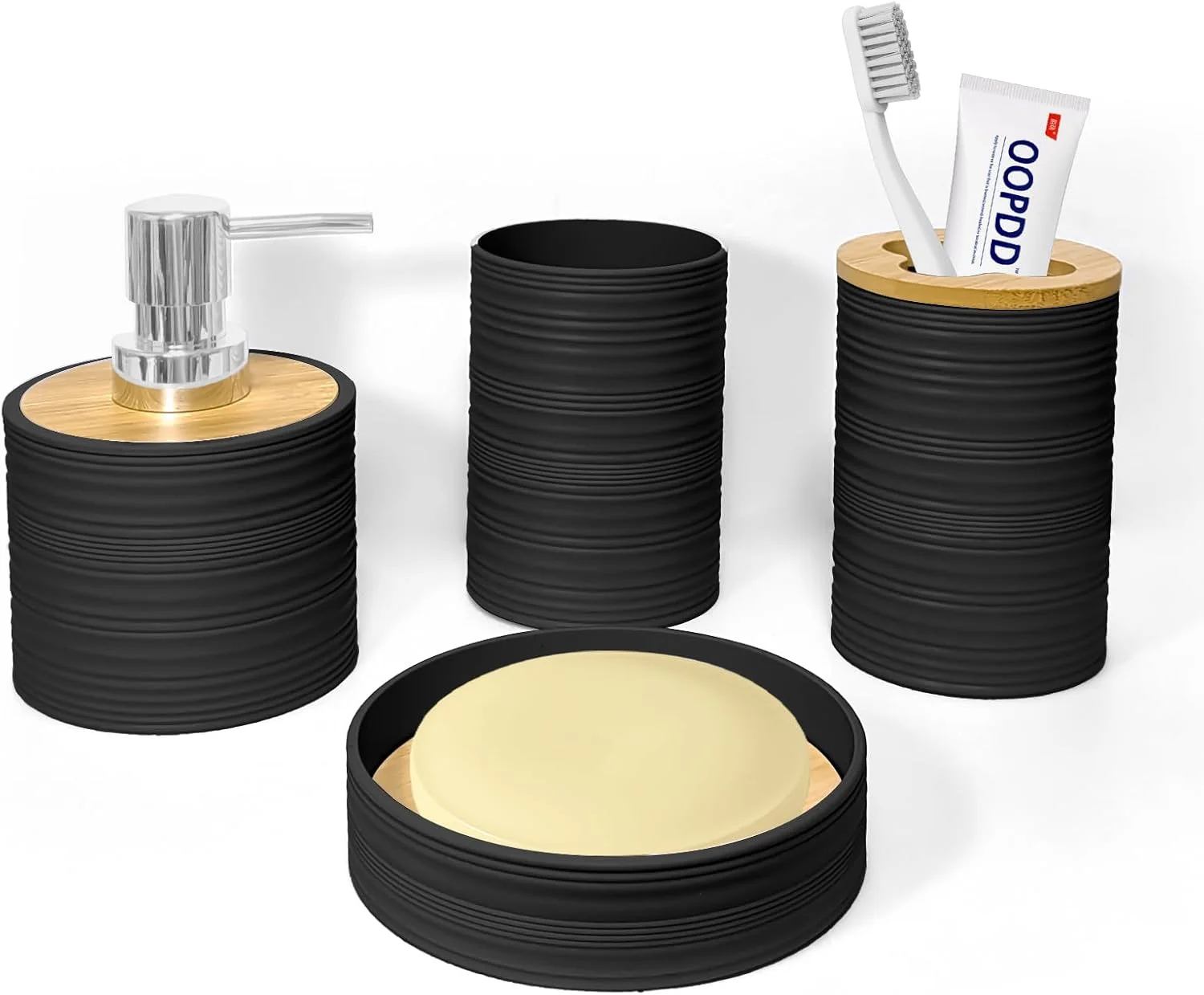 ست لوازم جانبی حمام سیاتو، 4 تکه، شامل جا صابونی، جا مایع دستشویی، جا مسواکی، لیوان مسواک، لوازم جانبی ست حمام، دکور حمام بوهو (مشکی)