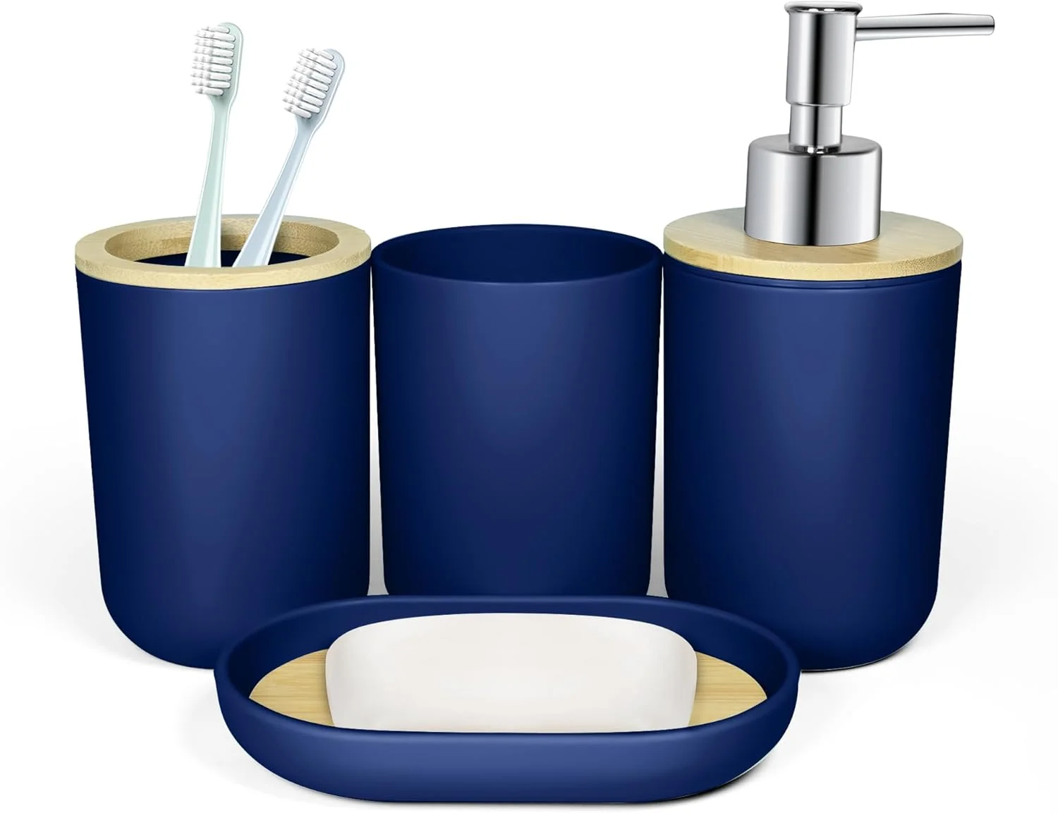 ست لوازم جانبی حمام 4 تکه آبی سرمه ای، لوازم جانبی حمام بامبو آبی، جا مایع صابون پلاستیکی و جا مسواکی، جا صابونی و لیوان دهانشویه، دکور حمام بوهو، ست حمام