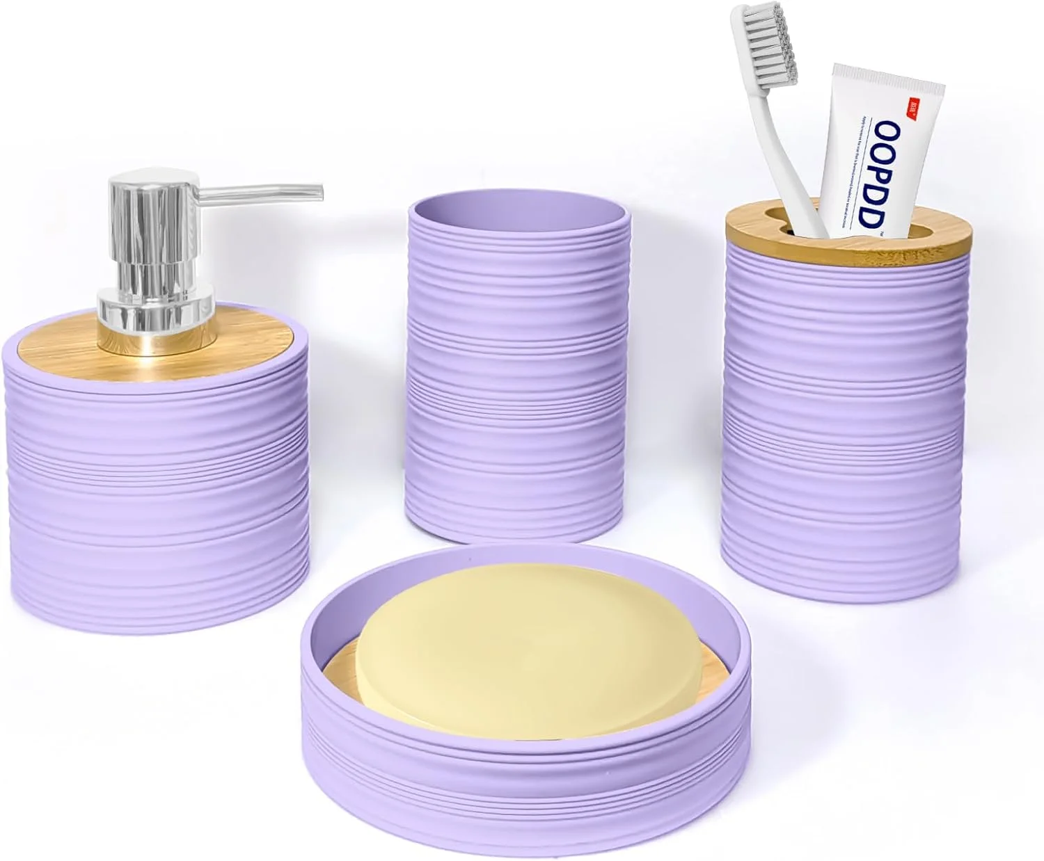ست لوازم جانبی حمام 4 تکه Seeatoo، ست های لوازم حمام، ست لوازم جانبی حمام بامبو شامل جا صابونی، جا مایع صابون، جا مسواکی، لیوان مسواک، دکور حمام بوهو (بنفش روشن)
