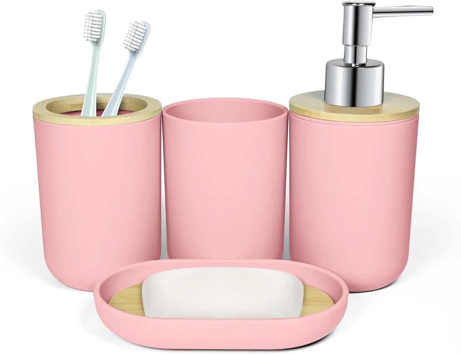 ست لوازم جانبی حمام 4 تکه صورتی Seeatoo، لوازم جانبی حمام بامبو صورتی، جا مایع صابون پلاستیکی و ست جا مسواکی، جا صابونی و لیوان دهانشویه، دکور حمام بوهو، ست حمام