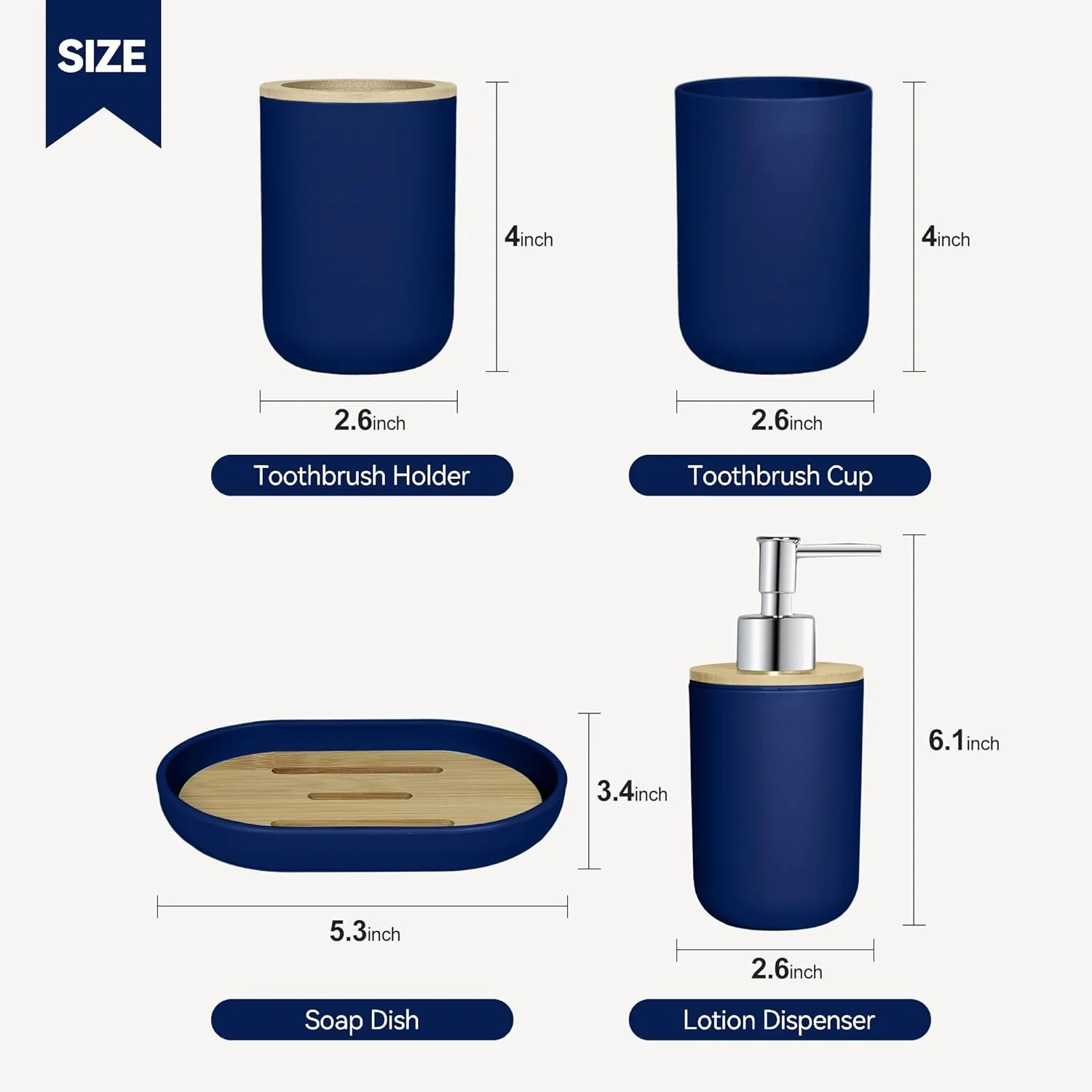 ست لوازم جانبی حمام 4 تکه آبی سرمه ای، لوازم جانبی حمام بامبو آبی، جا مایع صابون پلاستیکی و جا مسواکی، جا صابونی و لیوان دهانشویه، دکور حمام بوهو، ست حمام