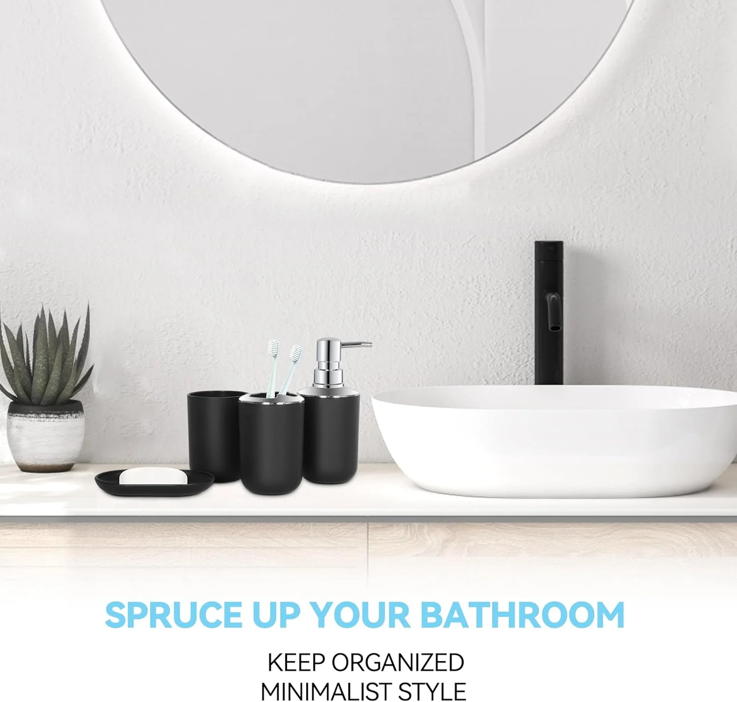 ست لوازم جانبی حمام مشکی 4 تکه، لوازم جانبی حمام مشکی، جا مایع صابون پلاستیکی و ست جا مسواکی، جا صابونی و لیوان دهانشویه، دکور حمام بوهمی، ست حمام مشکی