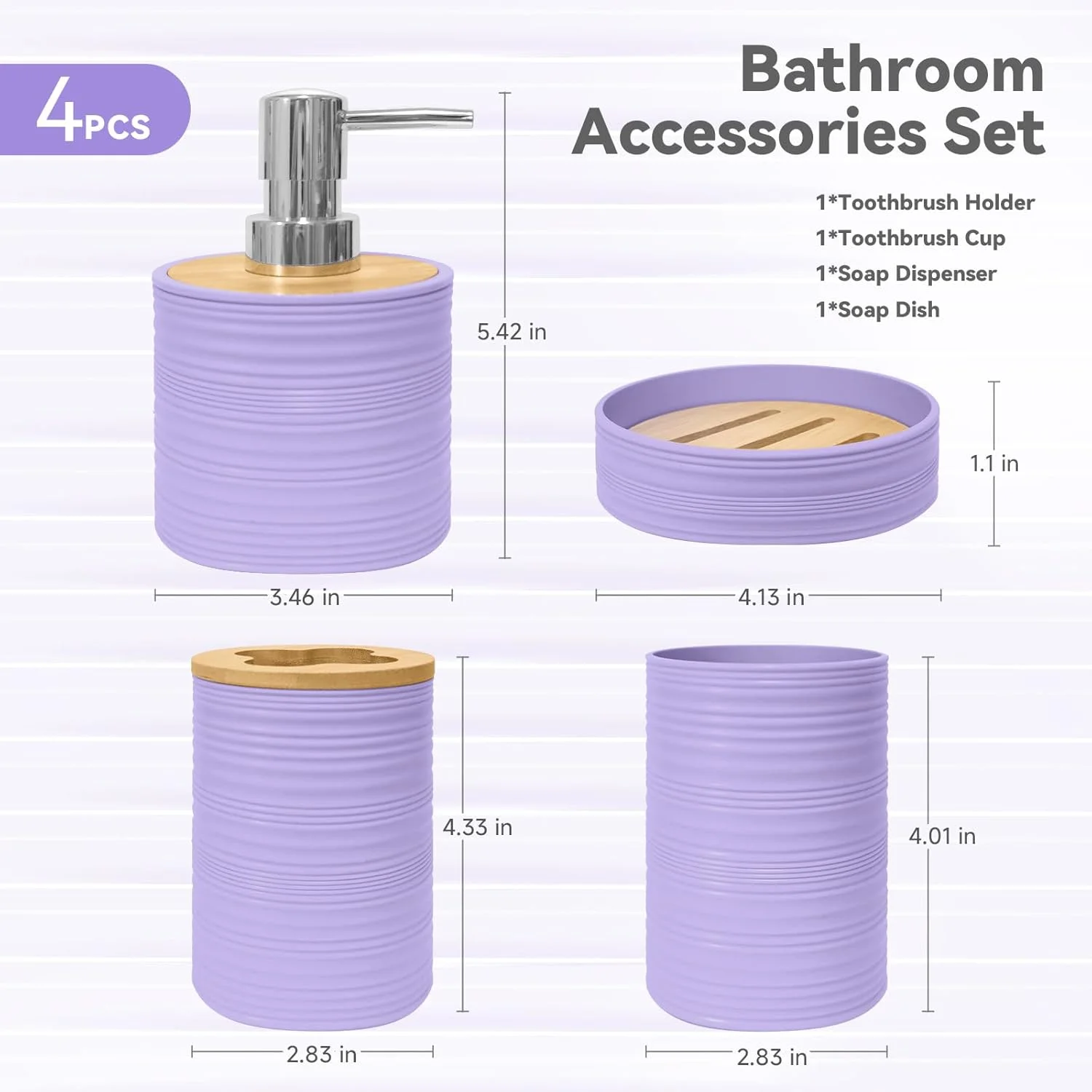 ست لوازم جانبی حمام 4 تکه Seeatoo، ست های لوازم حمام، ست لوازم جانبی حمام بامبو شامل جا صابونی، جا مایع صابون، جا مسواکی، لیوان مسواک، دکور حمام بوهو (بنفش روشن)