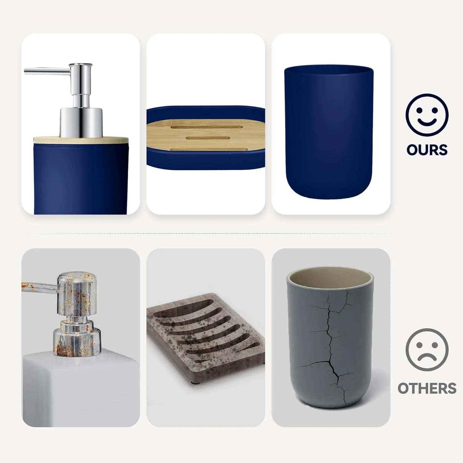 ست لوازم جانبی حمام 4 تکه آبی سرمه ای، لوازم جانبی حمام بامبو آبی، جا مایع صابون پلاستیکی و جا مسواکی، جا صابونی و لیوان دهانشویه، دکور حمام بوهو، ست حمام