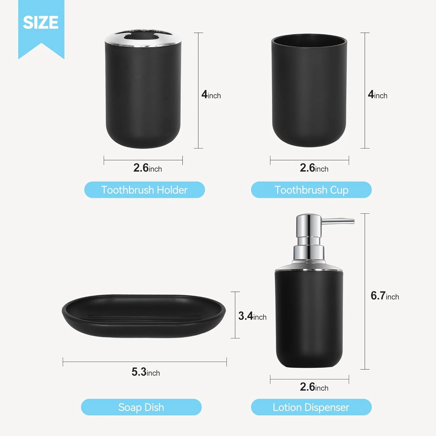 ست لوازم جانبی حمام مشکی 4 تکه، لوازم جانبی حمام مشکی، جا مایع صابون پلاستیکی و ست جا مسواکی، جا صابونی و لیوان دهانشویه، دکور حمام بوهمی، ست حمام مشکی