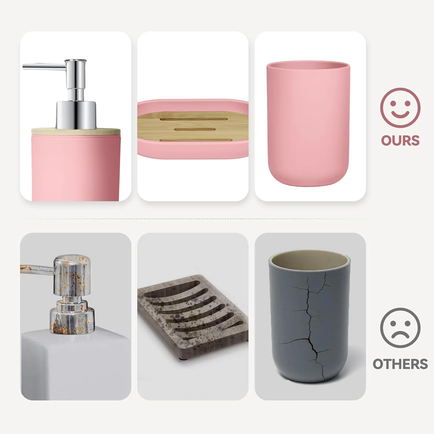 ست لوازم جانبی حمام 4 تکه صورتی Seeatoo، لوازم جانبی حمام بامبو صورتی، جا مایع صابون پلاستیکی و ست جا مسواکی، جا صابونی و لیوان دهانشویه، دکور حمام بوهو، ست حمام