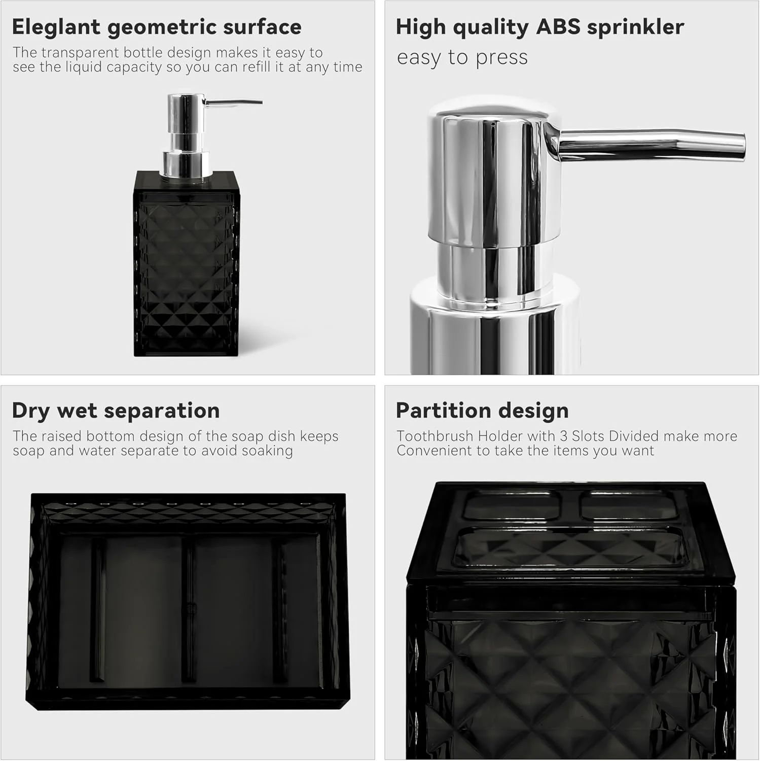 ست لوازم جانبی حمام، ست 4 تکه لوازم جانبی حمام مشکی، جا مایع صابون و جا مسواکی، جای صابون و لیوان دهانشویه، دکور حمام بوهمی، ست لوازم جانبی حمام