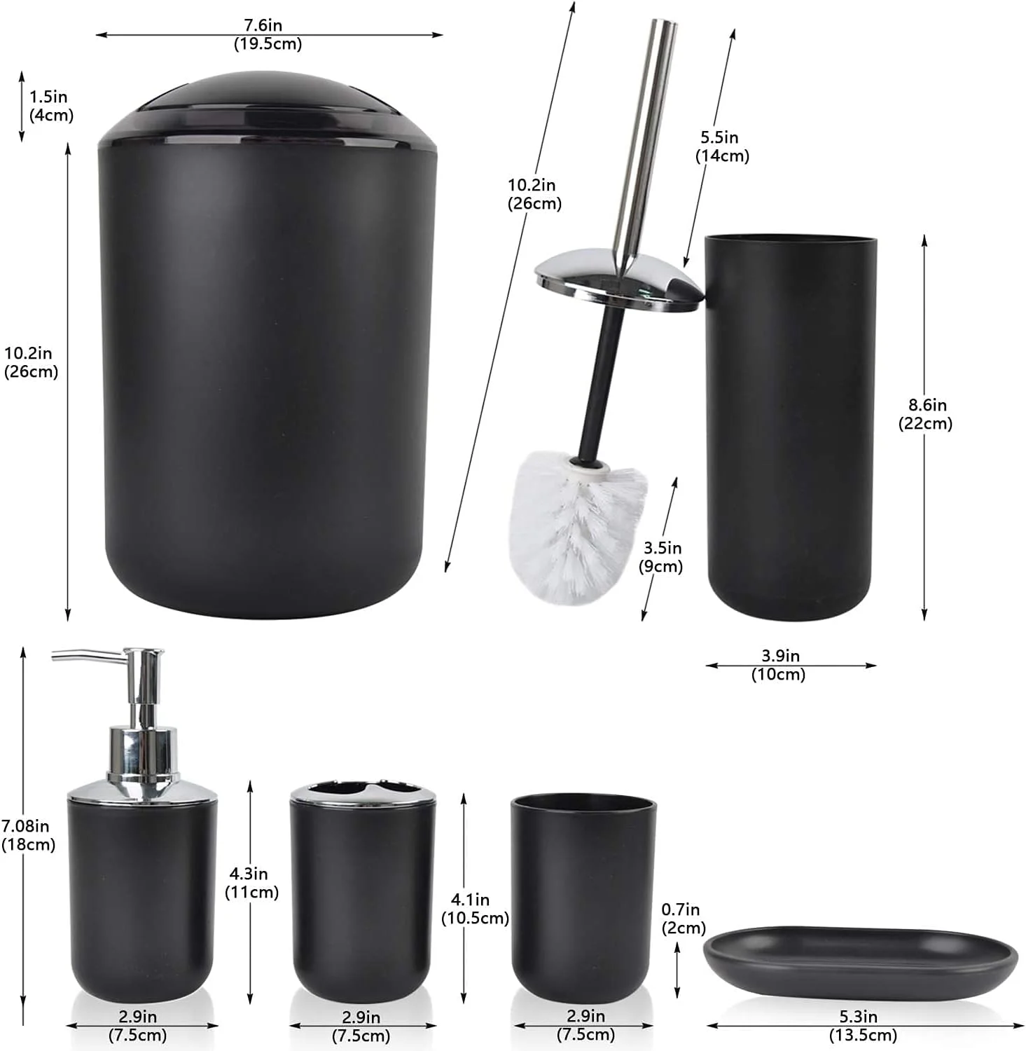 ست لوازم جانبی حمام 6 تکه شامل جا مایع صابون، جا مسواکی، لیوان مسواک، جا صابونی، مشکی