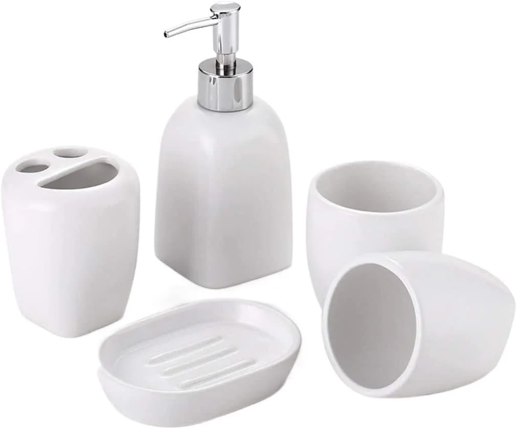 ست لوازم جانبی حمام SEFVGHDF، ست لوازم جانبی حمام سرامیکی سفید 5 تکه شامل جای مایع دستشویی، جا مسواکی، جا صابونی، دکوراسیون مدرن حمام (B) (B)