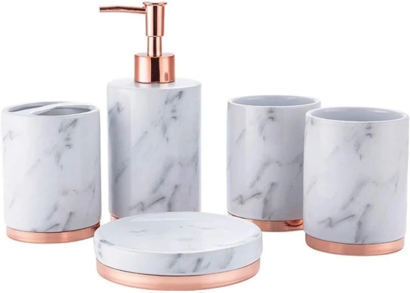 ست لوازم جانبی حمام، ست لوازم جانبی حمام 5 تکه با پایه فلزی طرح مرمر، لوازم جانبی ست حمام، جا مایع صابون، دکوراسیون حمام مدرن (سفید 18.3 سانتی متر)