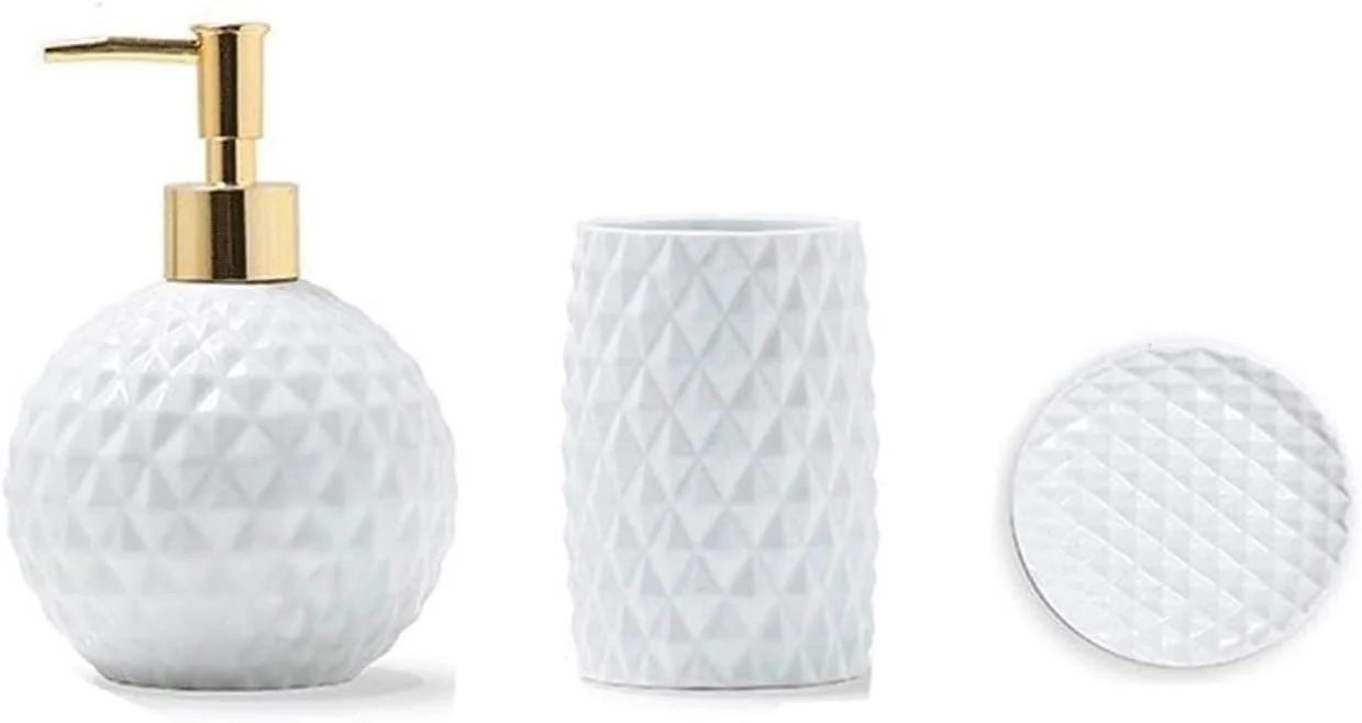 ست لوازم جانبی حمام SEFVGHDF، ست سرامیکی 3 تکه حمام با طرح هندسی شامل پمپ پخش کننده لوسیون، لیوان شیشه ای، جای صابون، دکور مدرن حمام (سفید 15 سانتی متر)
