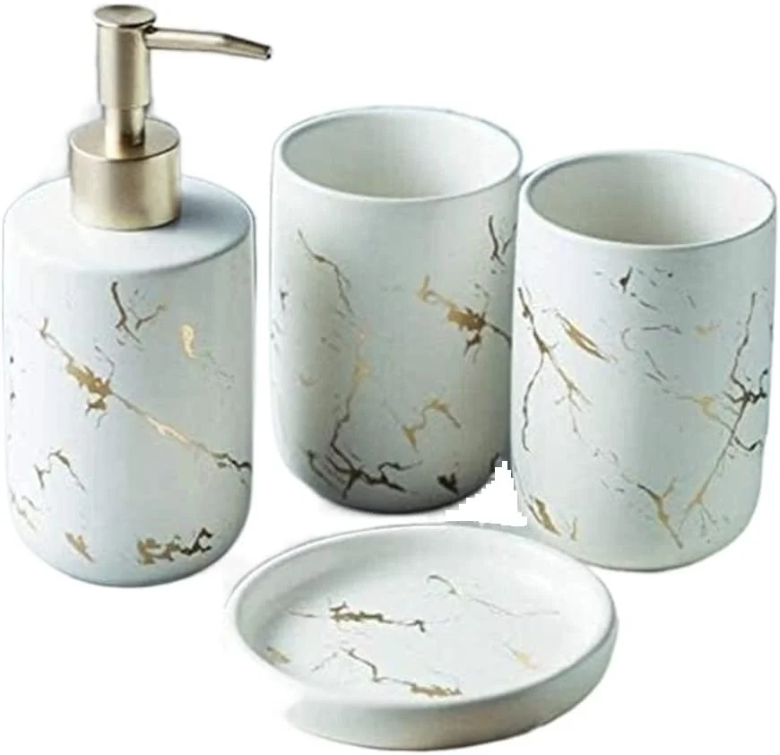 ست لوازم جانبی حمام SEFVGHDF، ۴ تکه، پمپ صابون مایع، لیوان و جای صابون (رنگ: مشکی، اندازه: ۴ تکه) (سفید ۴ تکه)
