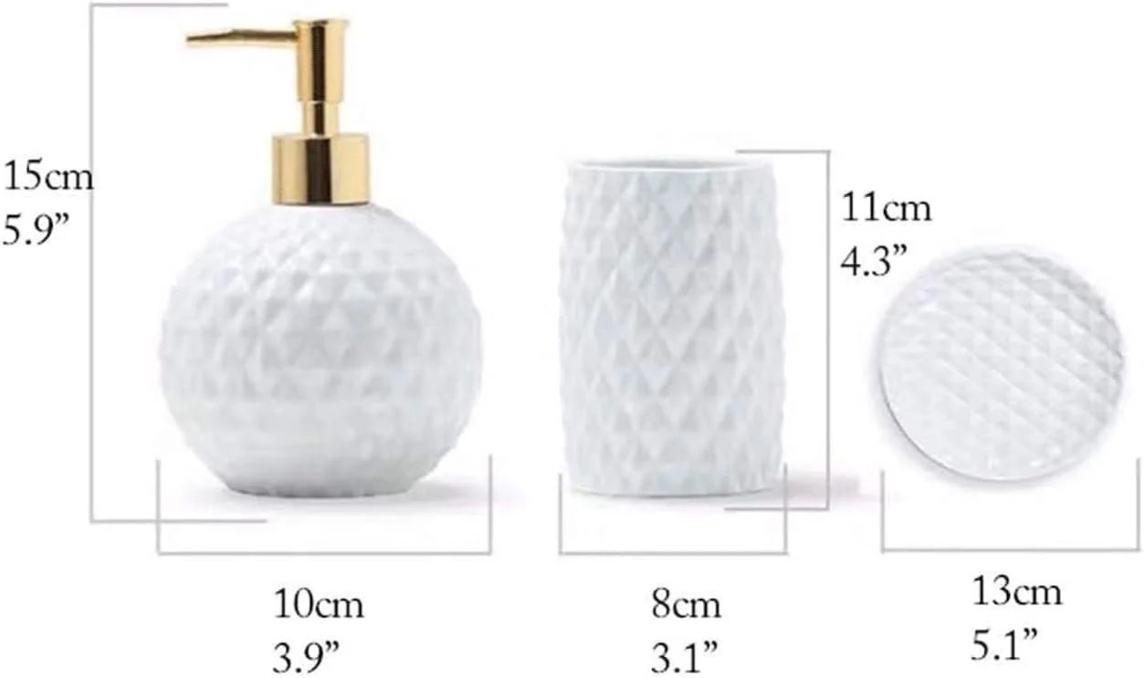 ست لوازم جانبی حمام SEFVGHDF، ست سرامیکی 3 تکه حمام با طرح هندسی شامل پمپ پخش کننده لوسیون، لیوان شیشه ای، جای صابون، دکور مدرن حمام (سفید 15 سانتی متر)