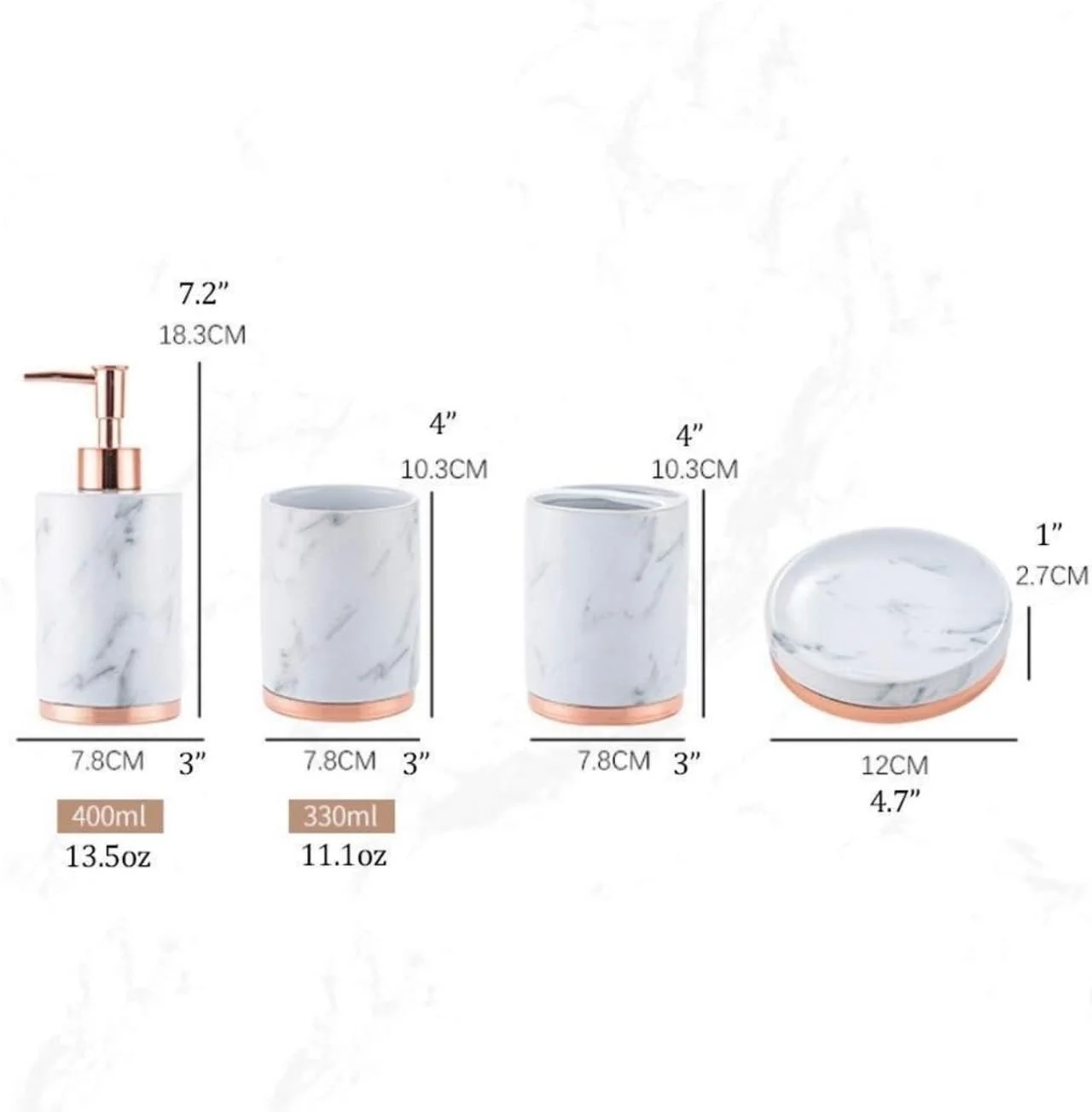 ست لوازم جانبی حمام، ست لوازم جانبی حمام 5 تکه با پایه فلزی طرح مرمر، لوازم جانبی ست حمام، جا مایع صابون، دکوراسیون حمام مدرن (سفید 18.3 سانتی متر)