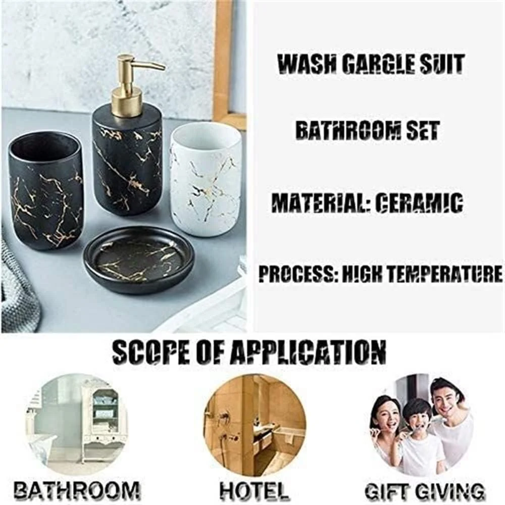 ست لوازم جانبی حمام SEFVGHDF، ۴ تکه، پمپ صابون مایع، لیوان و جای صابون (رنگ: مشکی، اندازه: ۴ تکه) (سفید ۴ تکه)