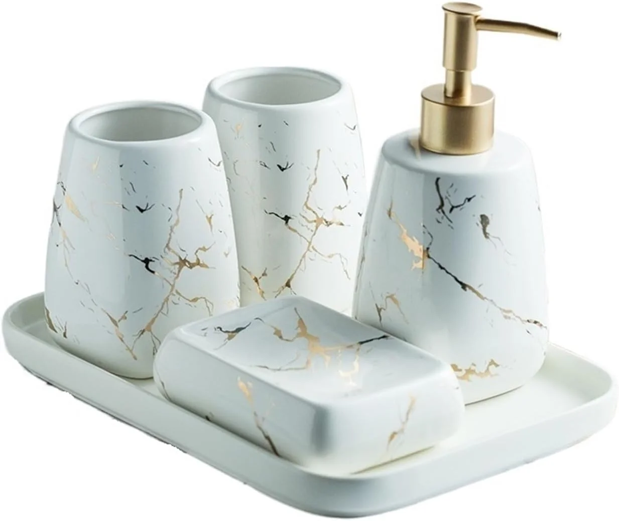 ست لوازم جانبی حمام شامل جا مایع دستشویی سرامیکی، جا مسواکی، جا صابونی و سینی - ست 5 تکه نظم دهنده لوازم حمام با طرح مرمر