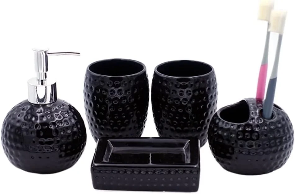 ست کامل لوازم حمام SEFVGHDF، شامل 5 تکه، جای مایع دستشویی، لیوان دهانشویه، جا مسواکی و جا صابونی، پخش کننده لوسیون و شامپو (رنگ: سفید، اندازه: 5 تکه) (مشکی 5 تکه)