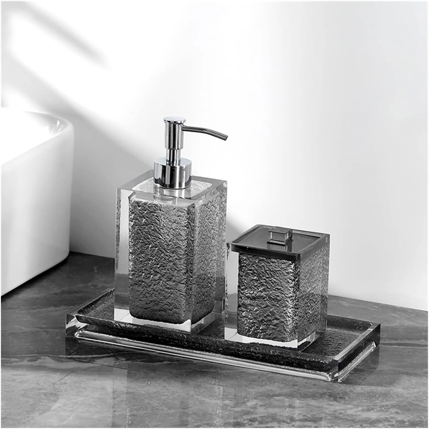 ست جا مایع دستشویی رزینی 3 تکه، شامل جا مایع دستشویی، جا خلال دندان و سینی