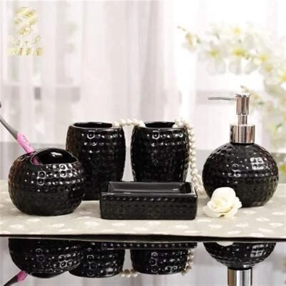 ست کامل لوازم حمام SEFVGHDF، شامل 5 تکه، جای مایع دستشویی، لیوان دهانشویه، جا مسواکی و جا صابونی، پخش کننده لوسیون و شامپو (رنگ: سفید، اندازه: 5 تکه) (مشکی 5 تکه)