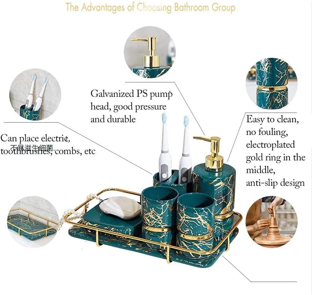 ست لوازم جانبی حمام، جا مایع دستشویی، ست کامل 5 تکه بافت مرمر طلایی برای دکور حمام، بطری لوسیون (رنگ: A)