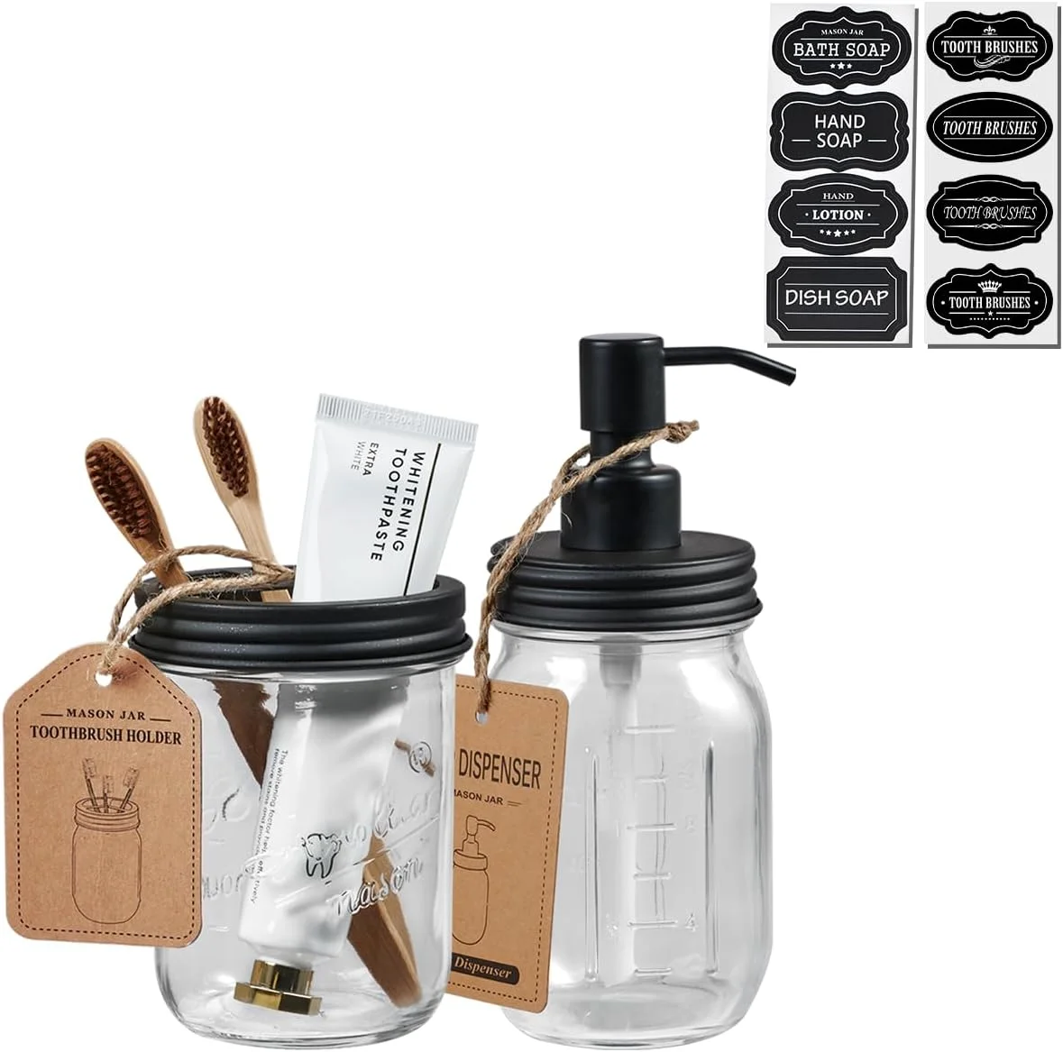 ست لوازم جانبی شیشه ای شیء چونگ، ست 2 تکه لوازم جانبی حمام شیشه ای، جا مسواکی، پخش کننده صابون لوسیون برای دکوراسیون خانه روستایی، دکور حمام - مشکی