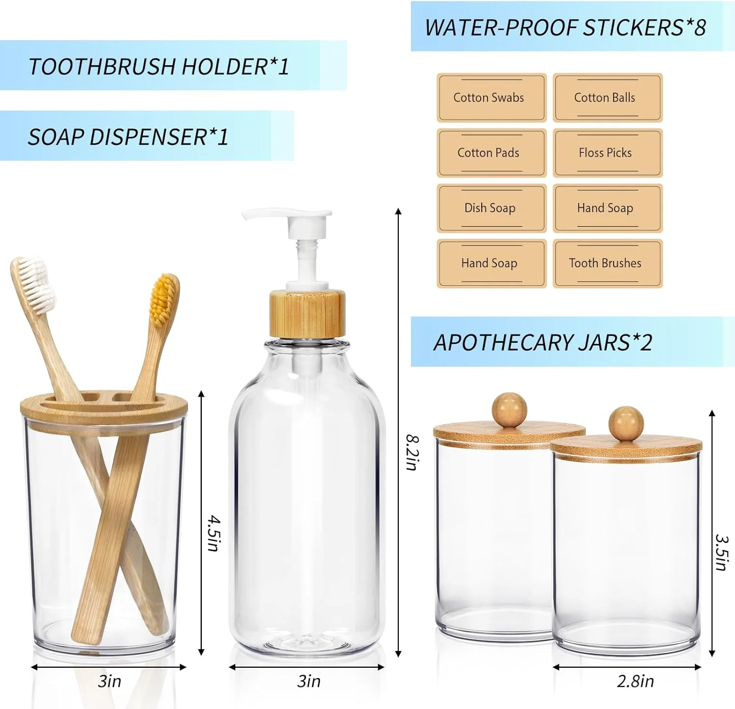 ست 4 تکه لوازم جانبی حمام بامبو بوهمی SGHUO، شامل جا مایع صابون، جا مسواکی، 2 عدد جا پنبه‌ای، دکور حمام روستایی بوهمی