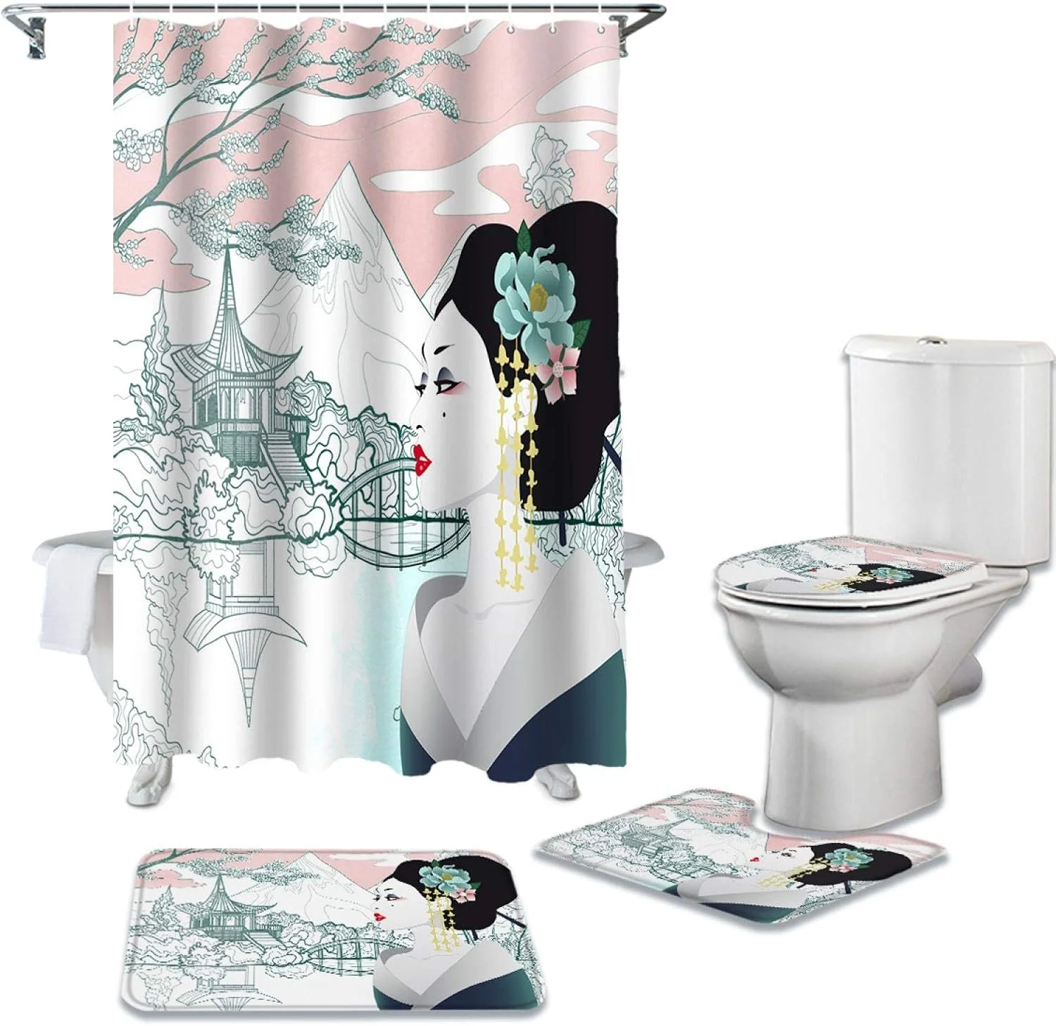 ست پرده حمام زنانه، سرویس بهداشتی، پادری حمام، فرش، نشیمنگاه توالت فرنگی، وان حمام، دکوراسیون منزل، هدیه