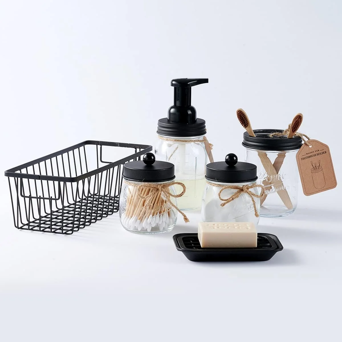 ست لوازم جانبی شیشه ای شیء چونگ برای حمام (6 تکه) - جا مایع فوم ساز، جا مسواکی، جا گوش پاک کن، شیشه های دارو، جا صابونی، سبد فلزی - دکوراسیون روستایی (مشکی)