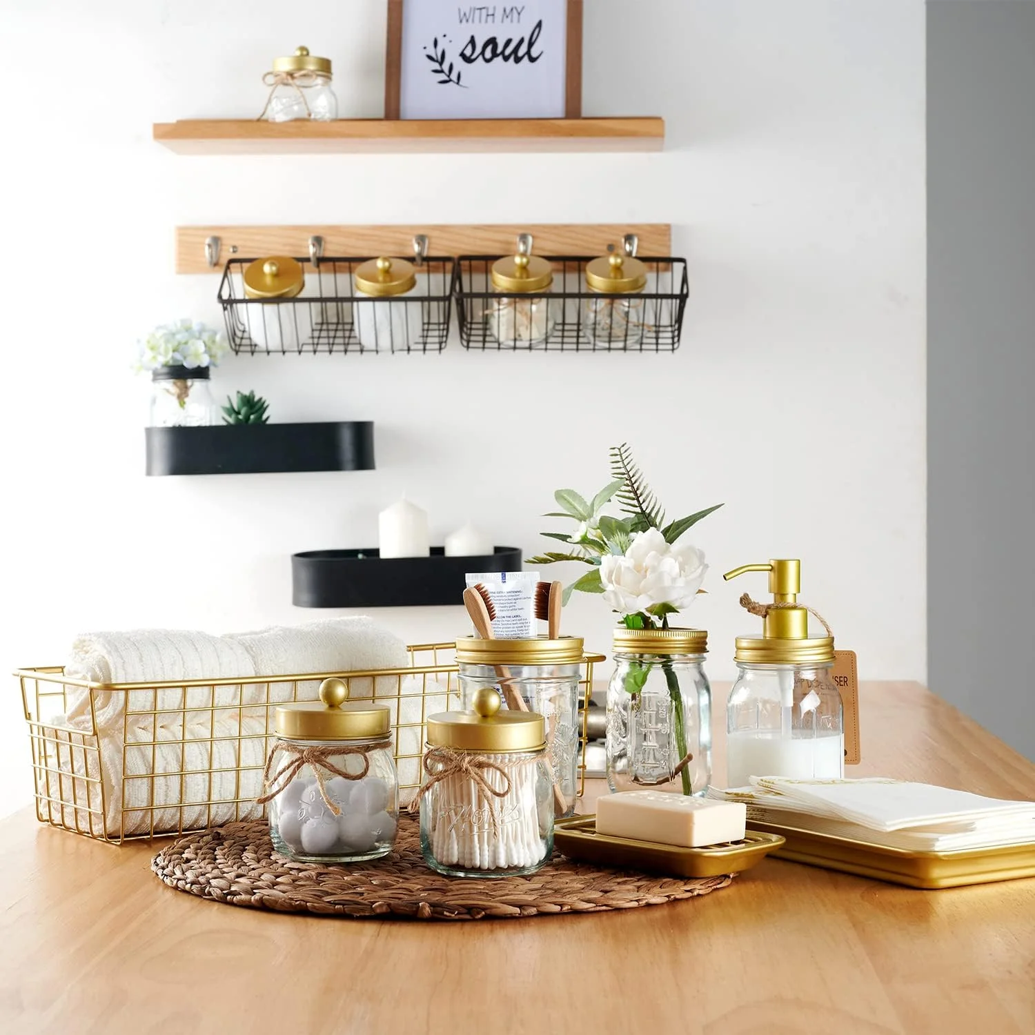 ست لوازم جانبی حمام شیشه ای شی چونگ 8 تکه - جا مایع لوسیون، جا مسواکی، 2 شیشه دهانه گشاد، گلدان گل، جا صابونی، سینی روشویی، سطل ذخیره سازی نگهدارنده دستمال توالت، دکوراسیون خانه روستایی (طلایی)