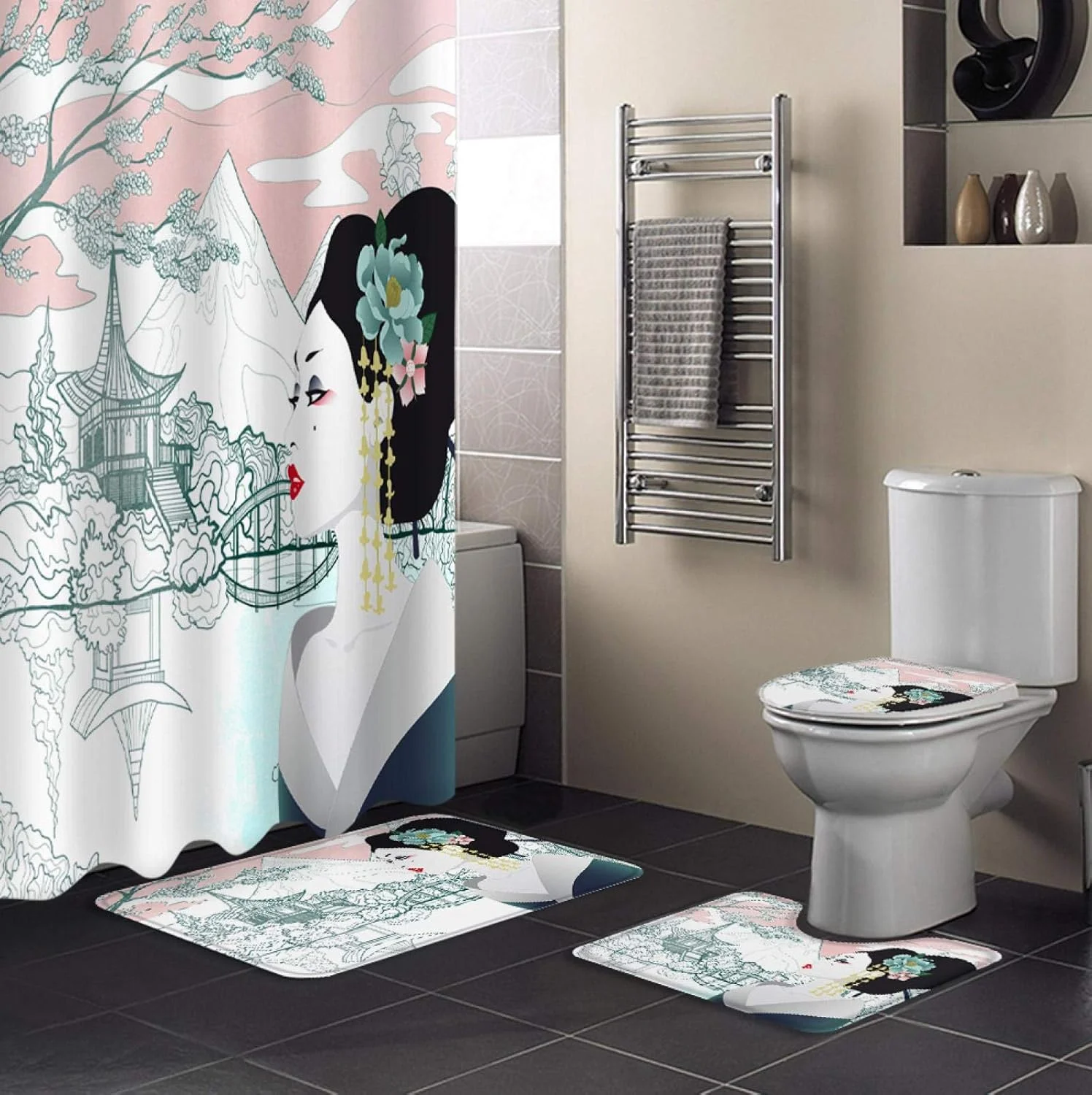 ست پرده حمام زنانه، سرویس بهداشتی، پادری حمام، فرش، نشیمنگاه توالت فرنگی، وان حمام، دکوراسیون منزل، هدیه