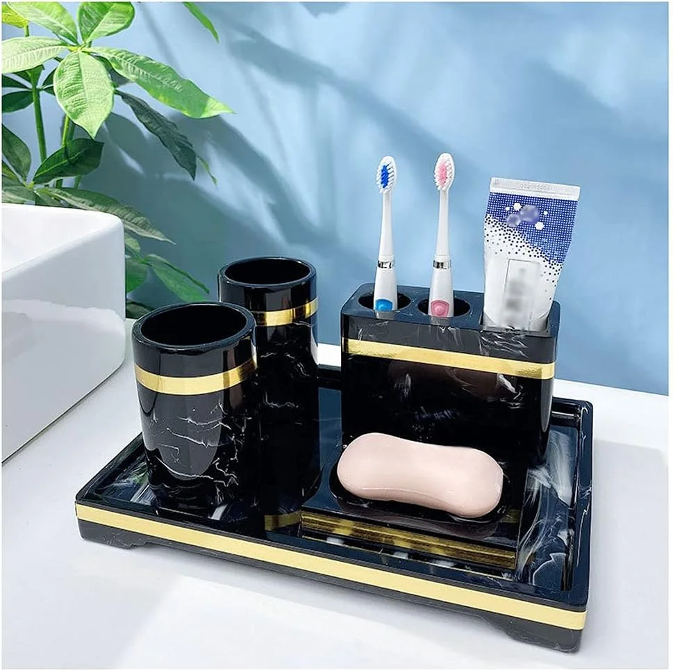 ست لوازم جانبی حمام شامل جا مایع دستشویی، جا مسواکی، لیوان، جا صابونی و سینی - 5 تکه، جنس رزین طرح سنگ مرمر (رنگ: مشکی)