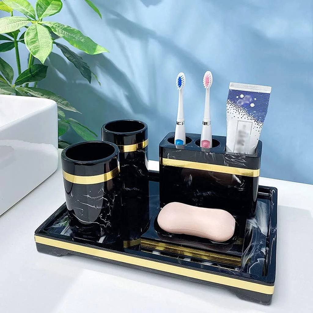 ست لوازم جانبی حمام شامل جا مایع دستشویی، جا مسواکی، لیوان، جا صابونی و سینی - 5 تکه، جنس رزین طرح سنگ مرمر (رنگ: مشکی)