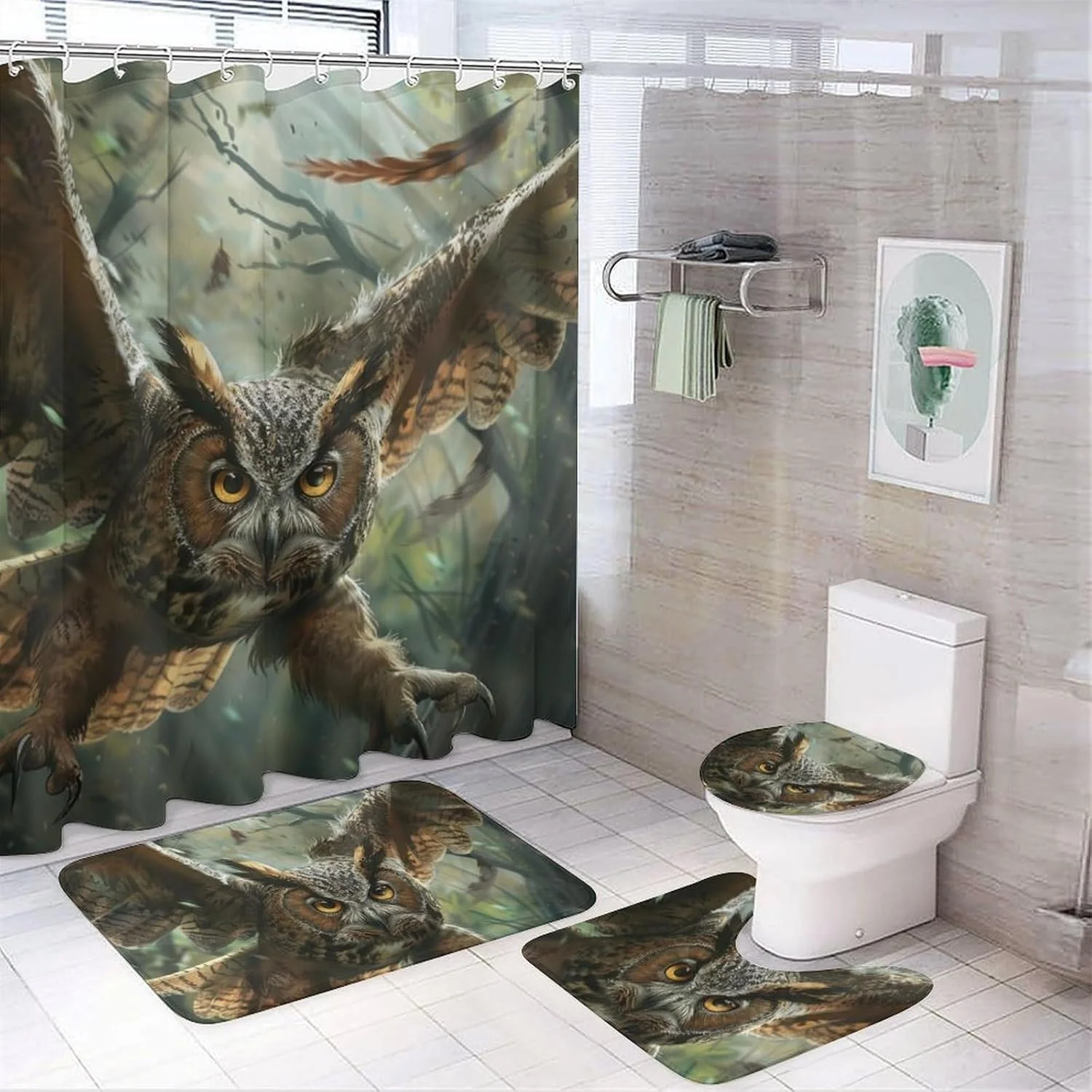 ست ۴ تکه حمام شامل پرده حمام + پادری حمام + روکش صندلی توالت، دکور حمام پادری ضد لغزش - طرح جغد