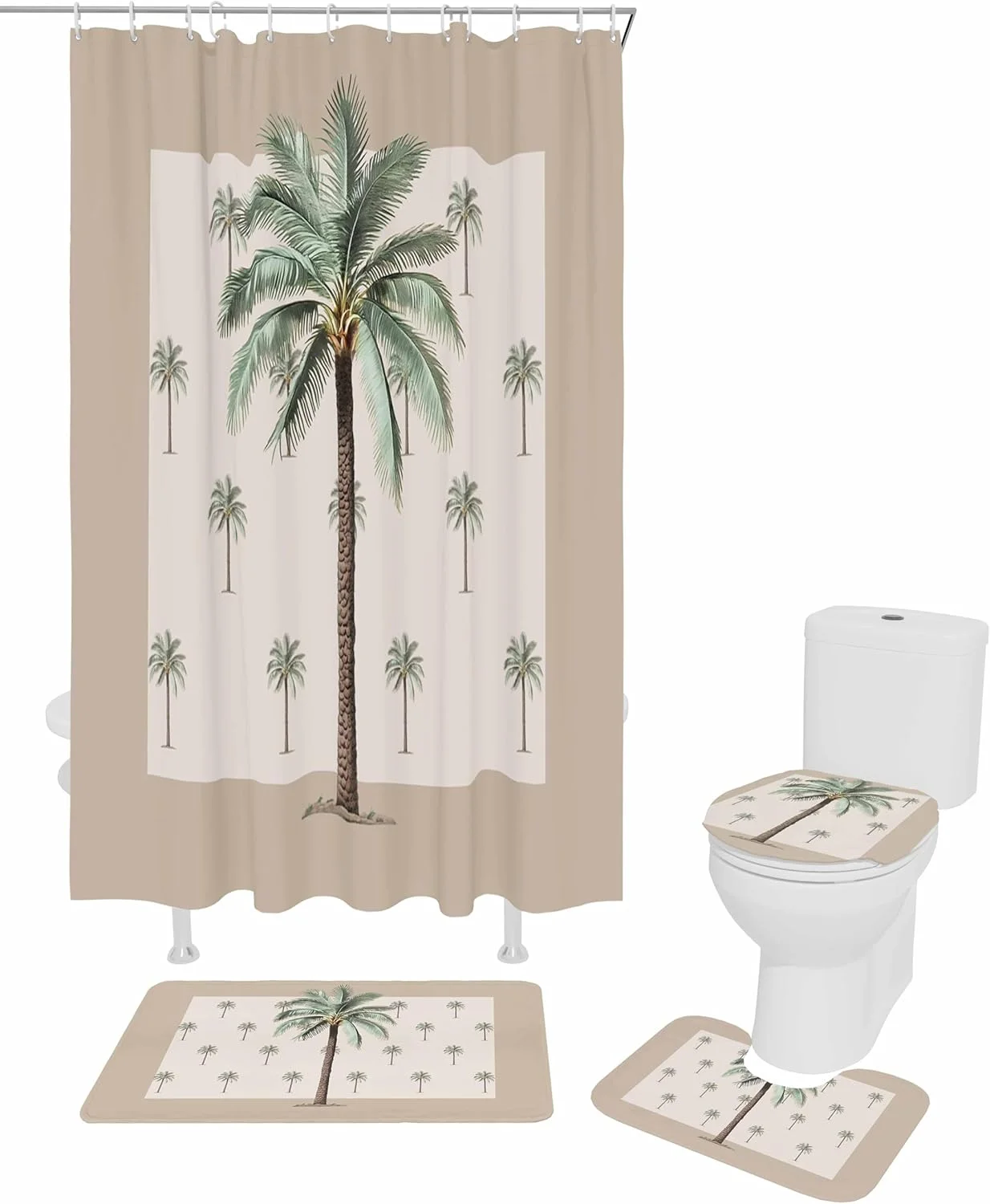 ست پرده حمام با فرش و پادری، طرح درخت نخل گرمسیری، 4 تکه، فرش ضد لغزش، روکش درب توالت و پادری حمام، پرده حمام ضد آب برای وان