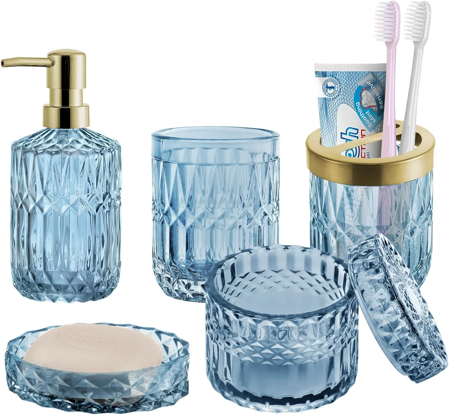 ست لوازم جانبی حمام 5 تکه آبی SISLAF، ست جا مسواکی شیشه ای، ست جا مایع دستشویی حمام، جا پنبه ای، جا صابونی، هدیه تزئینی خانه