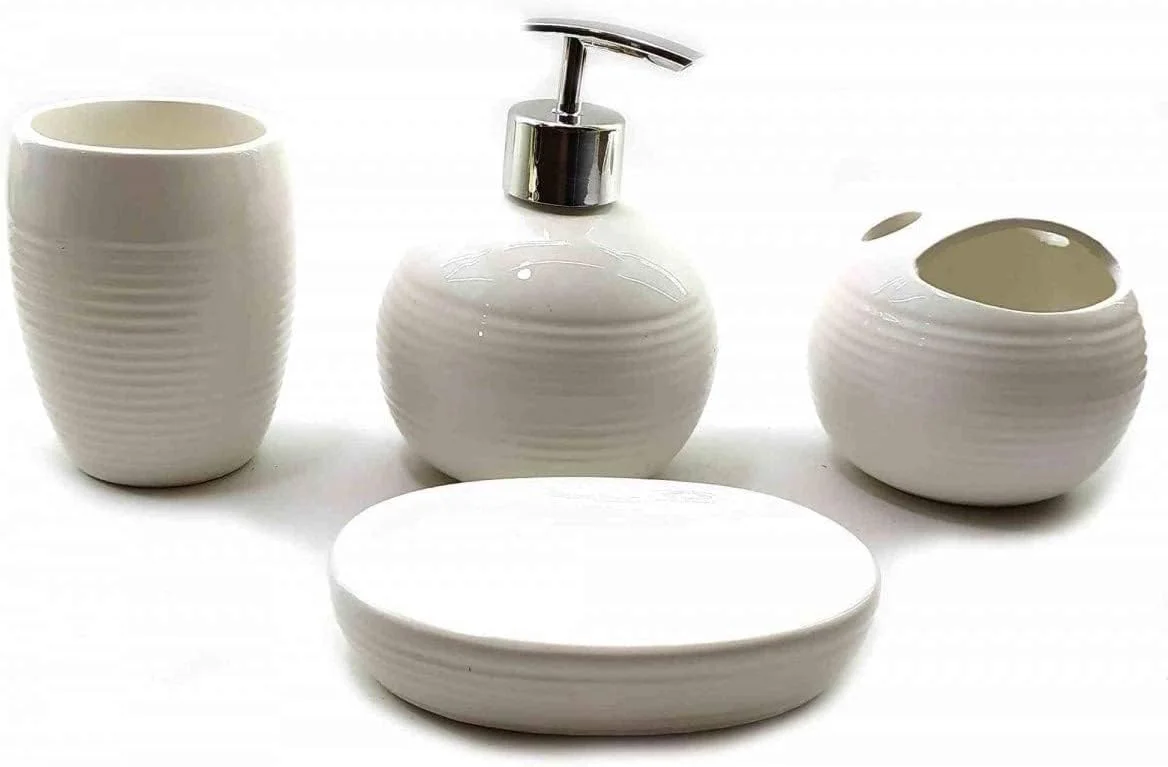 ست سرامیکی لوازم حمام اسکایواک، ۴ تکه - جای مایع دستشویی، لیوان، جای صابون، جا مسواکی ست سرامیکی لوازم حمام اسکایواک، ۴ تکه - جای مایع دستشویی، لیوان، جای صابون، جا مسواکی