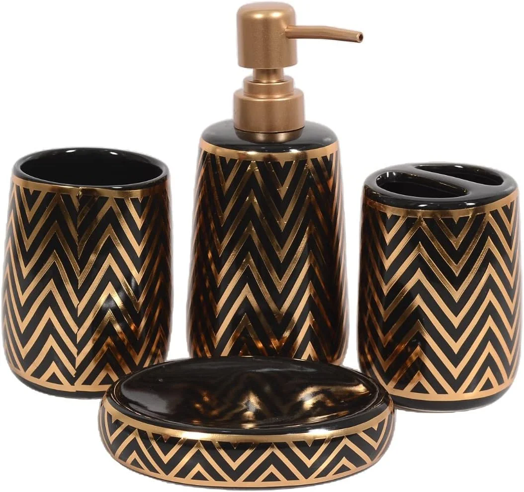 ست سرامیکی لوازم بهداشتی ۴ تکه Skywalk - شامل جای مایع صابون، لیوان، جا صابونی، جا مسواکی برای دکوراسیون حمام و هدیه منزل