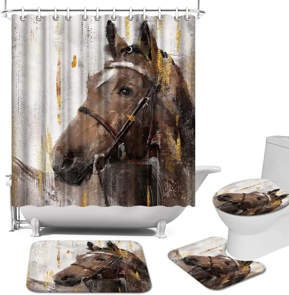 پرده حمام طرح اسب به همراه ست فرش، پرده حمام طرح کابوی و حیوانات وحشی به همراه قلاب، پادری قهوه ای طرح اسب، ست دکوراسیون حمام 4 تکه