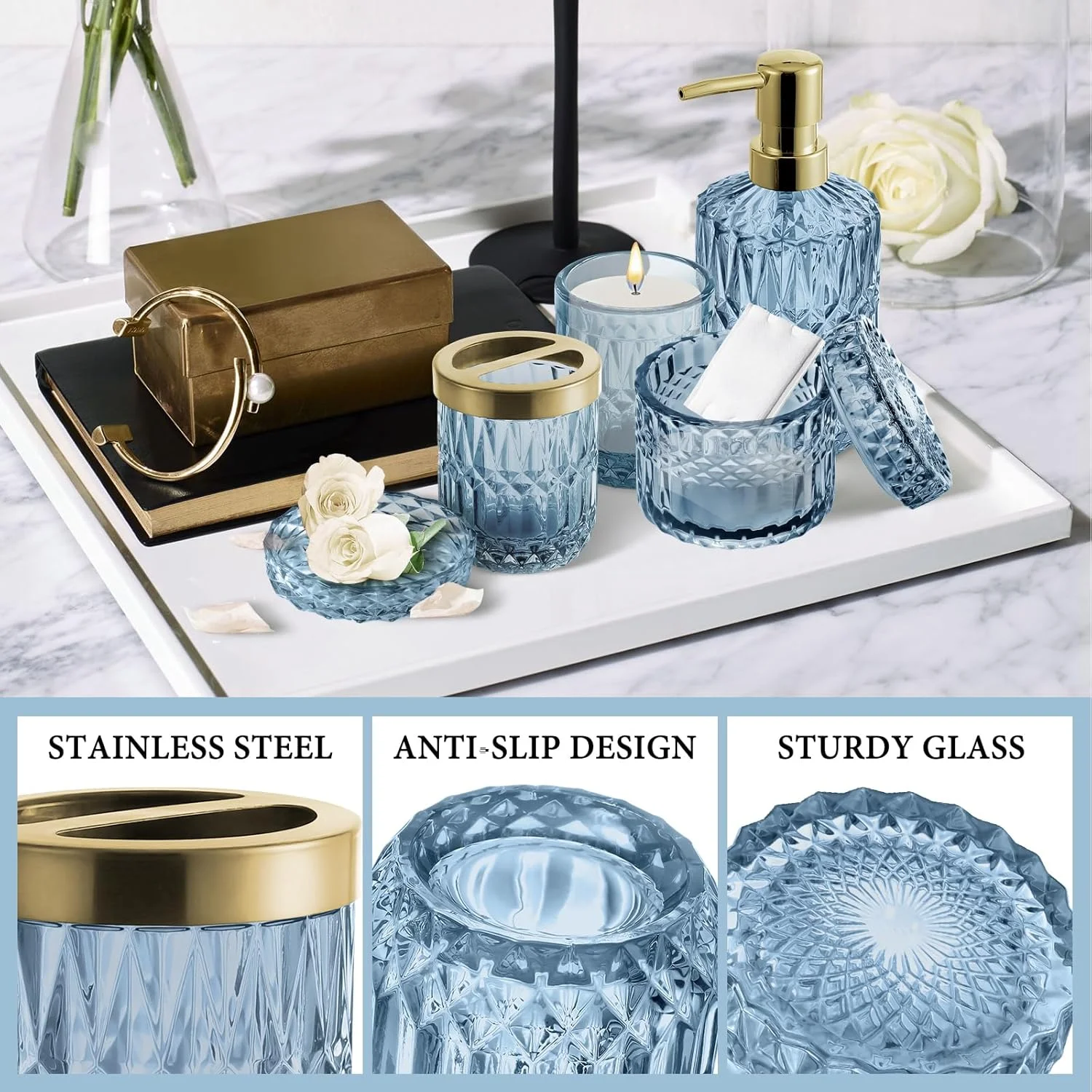 ست لوازم جانبی حمام 5 تکه آبی SISLAF، ست جا مسواکی شیشه ای، ست جا مایع دستشویی حمام، جا پنبه ای، جا صابونی، هدیه تزئینی خانه