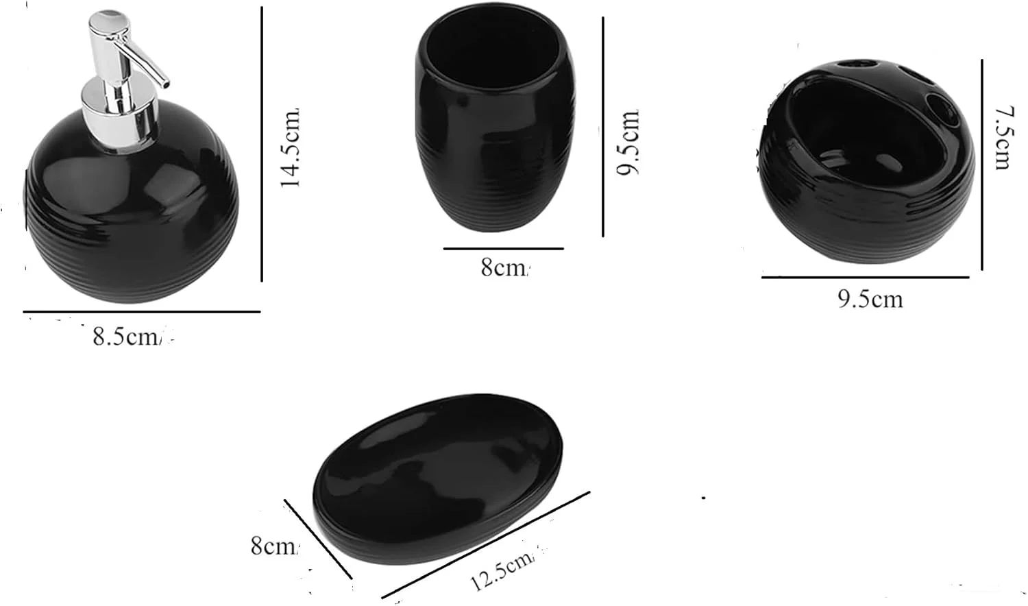 ست سرامیکی لوازم بهداشتی ۴ تکه Skywalk شامل جای مایع دستشویی، لیوان، جای صابون و جا مسواکی برای دکوراسیون حمام (رنگ مشکی)