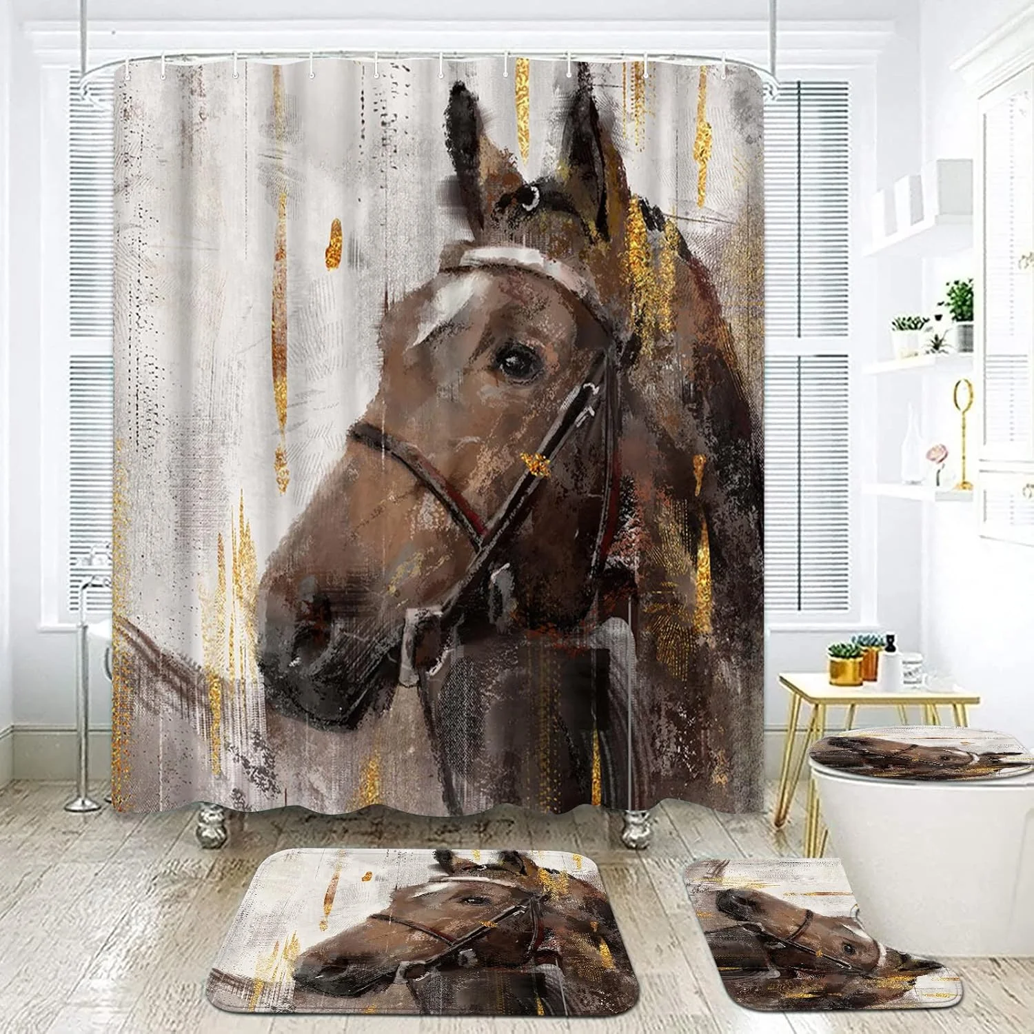 پرده حمام طرح اسب به همراه ست فرش، پرده حمام طرح کابوی و حیوانات وحشی به همراه قلاب، پادری قهوه ای طرح اسب، ست دکوراسیون حمام 4 تکه