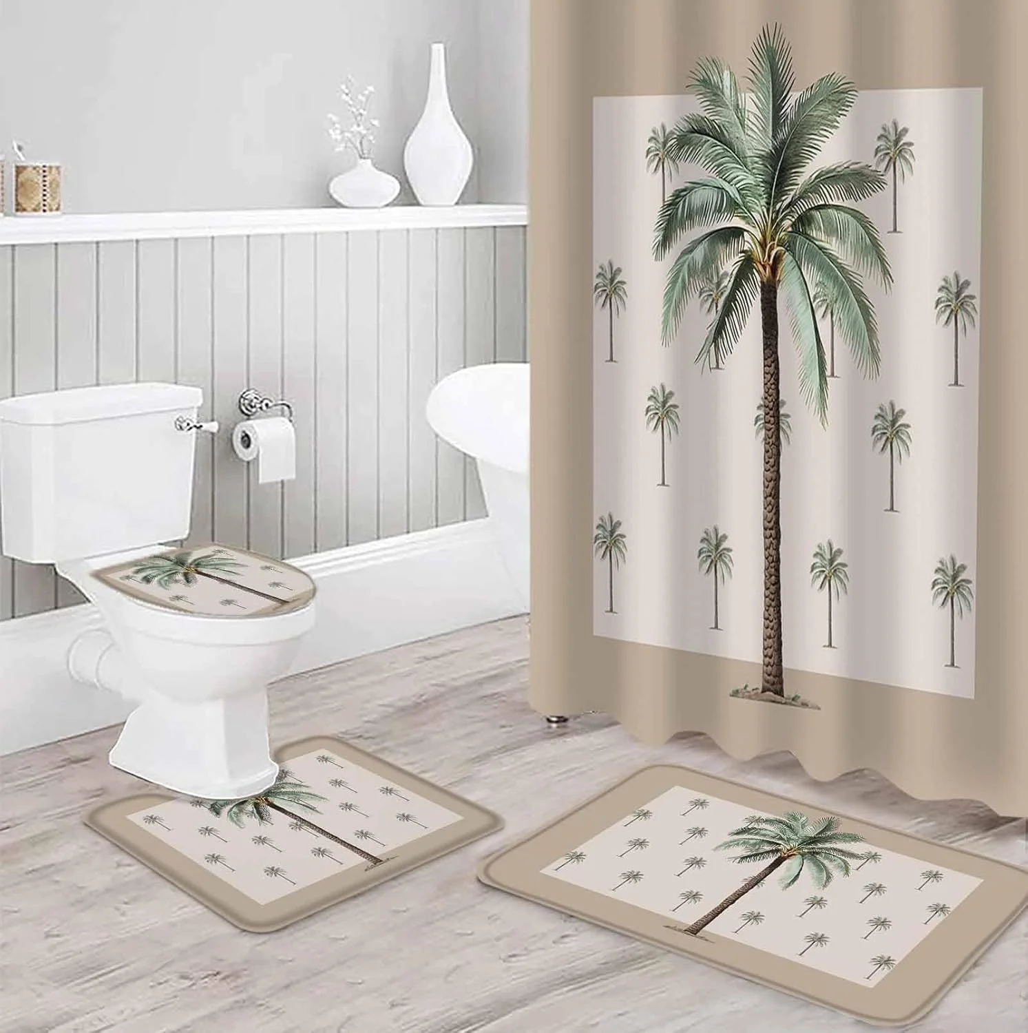 ست پرده حمام با فرش و پادری، طرح درخت نخل گرمسیری، 4 تکه، فرش ضد لغزش، روکش درب توالت و پادری حمام، پرده حمام ضد آب برای وان