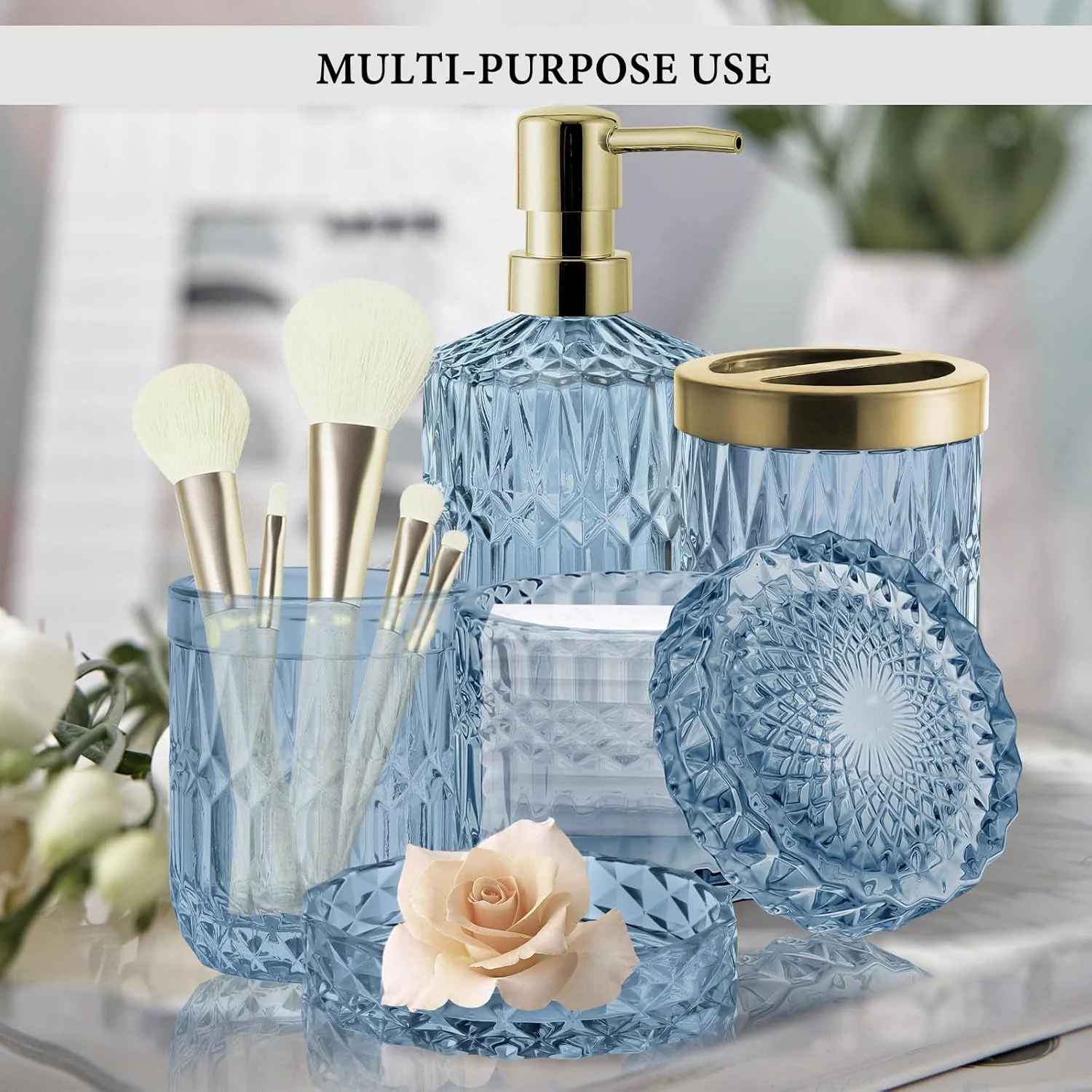 ست لوازم جانبی حمام 5 تکه آبی SISLAF، ست جا مسواکی شیشه ای، ست جا مایع دستشویی حمام، جا پنبه ای، جا صابونی، هدیه تزئینی خانه