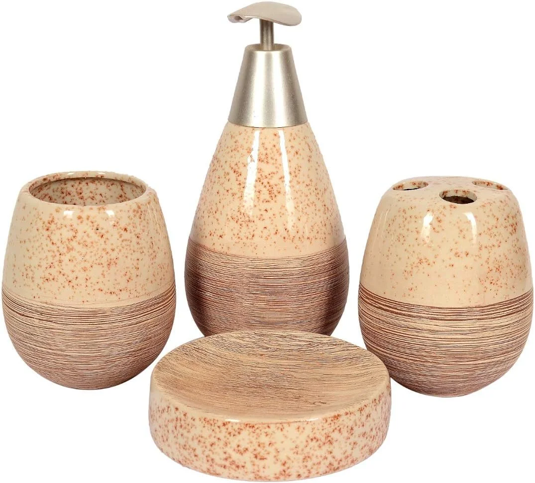 ست سرامیکی لوازم بهداشتی ۴ تکه Skywalk - شامل جای مایع دستشویی، لیوان، جای صابون و جا مسواکی برای سرویس بهداشتی و هدیه (رنگ قهوه ای)