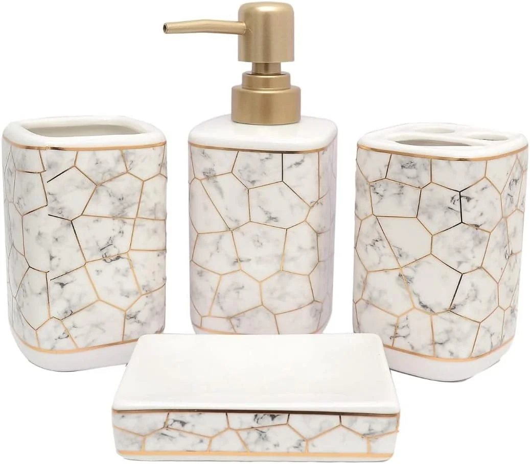 ست سرامیکی ۴ تکه لوازم بهداشتی Skywalk - شامل جای مایع دستشویی، لیوان، جا صابونی، جا مسواکی برای دکوراسیون حمام و هدیه منزل
