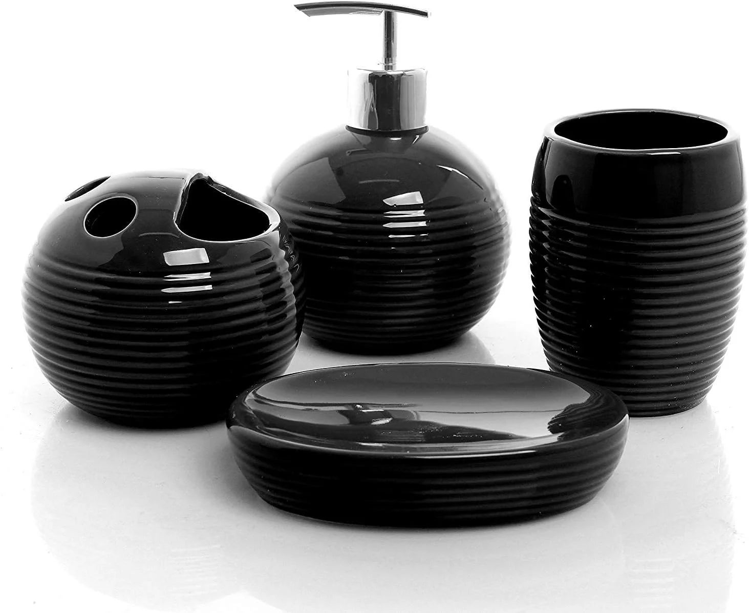 ست سرامیکی ۴ تکه لوازم بهداشتی Skywalk - شامل جا مایع صابون، لیوان، جا صابونی، جا مسواکی برای دکور حمام (رنگ-مشکی)