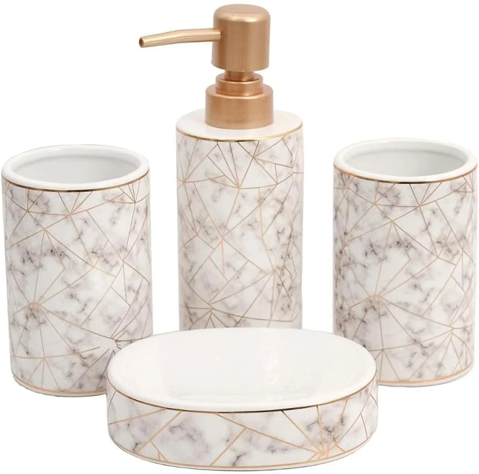 ست سرامیکی لوازم بهداشتی ۴ تکه Skywalk - شامل جا مایع صابون، لیوان، جا صابونی، جا مسواکی برای دکوراسیون حمام و هدیه منزل
