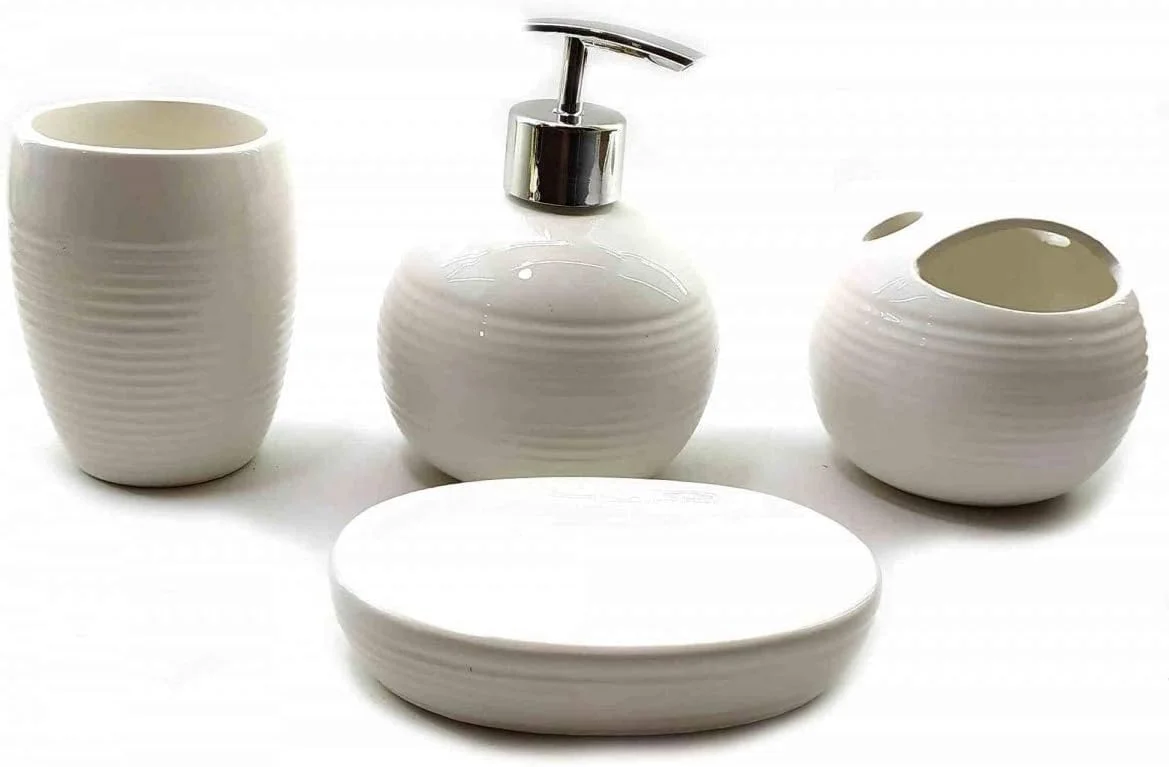 ست سرامیکی ۴ تکه لوازم بهداشتی Skywalk - شامل جا مایع صابون، لیوان، جا صابونی، جا مسواکی برای دکوراسیون حمام (رنگ-سفید)